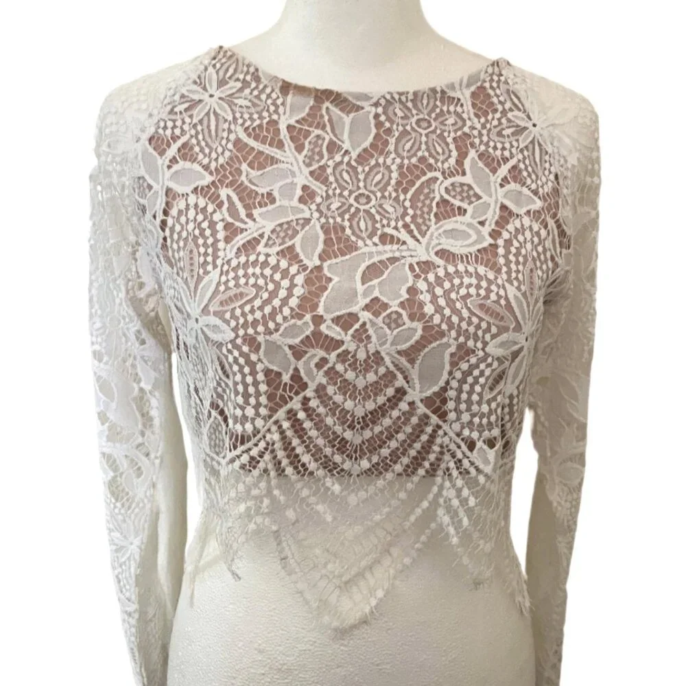 For Love And Lemons Guava Floral Crochet Lace Long Sleeve Crop Top Size Small - Picture 3 of 9